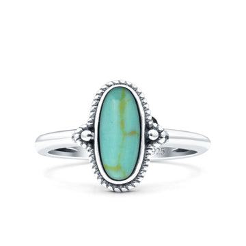 Vintage Style Petite Dainty Simulated Turquoise Ring Solid Oval Oxidized 925 Sterling Silver